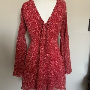 Vici Red Floral Tie-Front Long Sleeve Dress